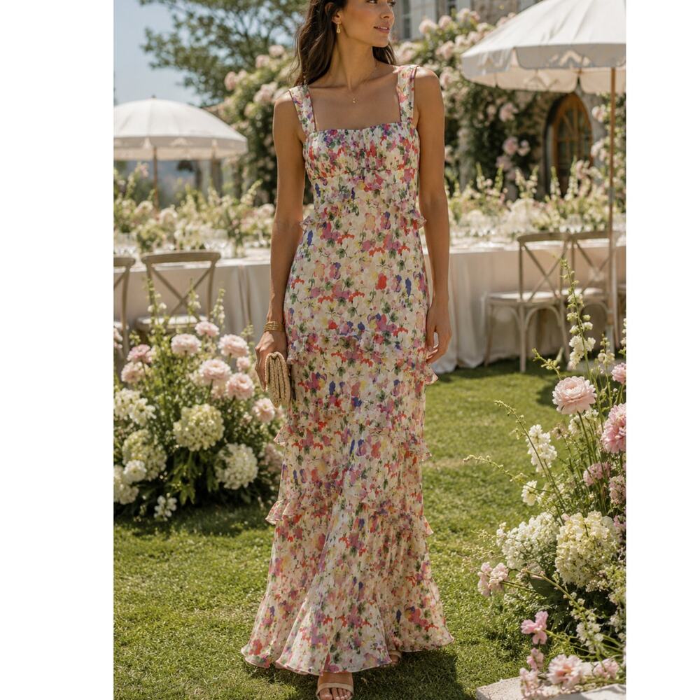 Saloni Chandra Floral Silk Ruffle Maxi Dress Ivory Multi Wedding Guest US 4